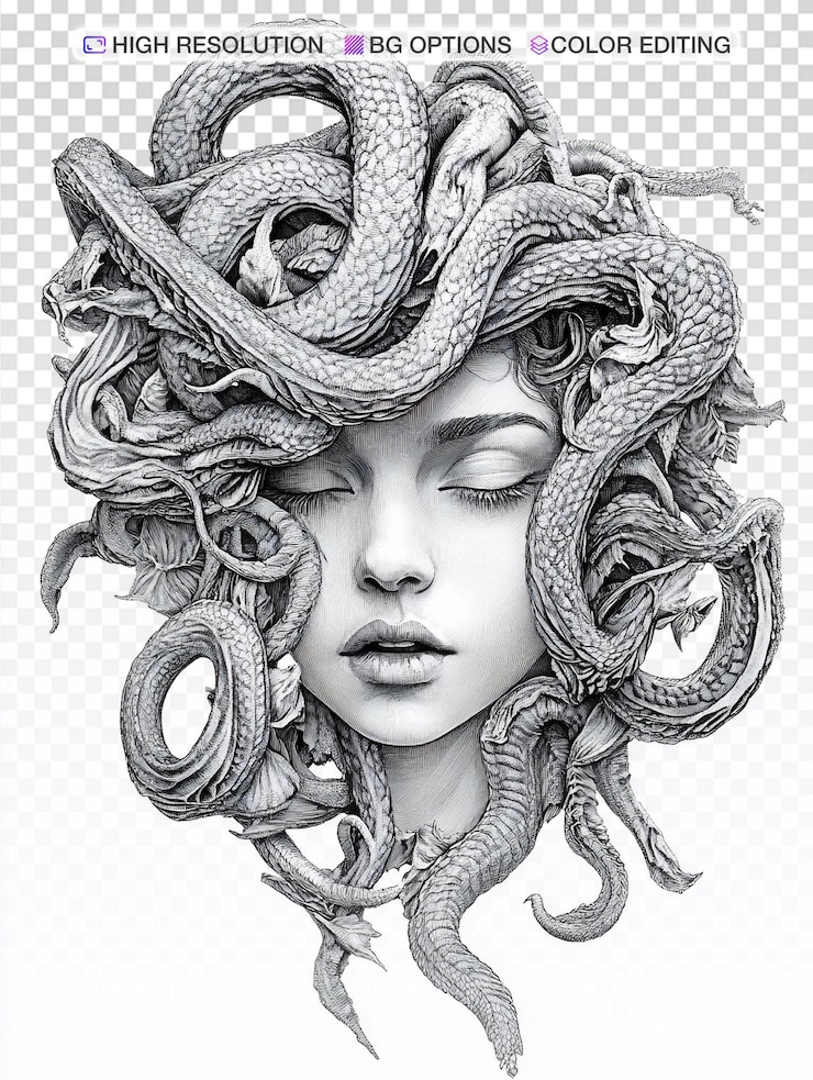 PSD uma ilustração em preto e branco de uma mulher com uma cobra na cabeça