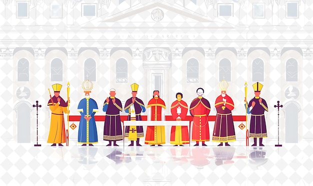 uma ilustração vetorial de figuras religiosas na frente de um templo com a imagem do papa