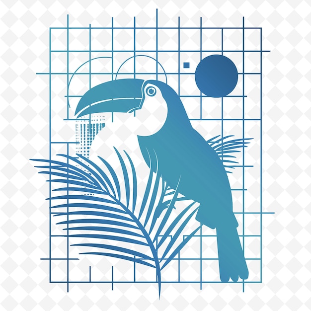 Uma imagem azul e branca de um pássaro e uma palmeira
