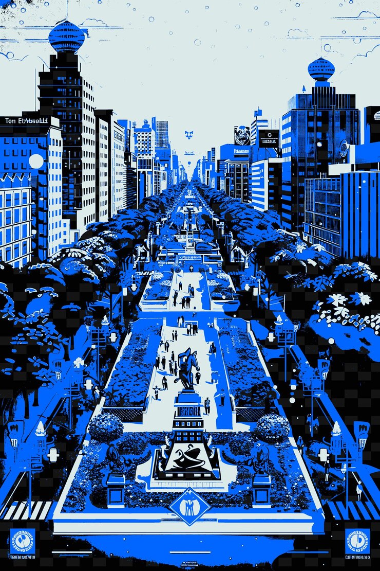 PSD uma imagem azul e branca de uma rua da cidade com um sinal azul que diz "cita a cidade de chicago"