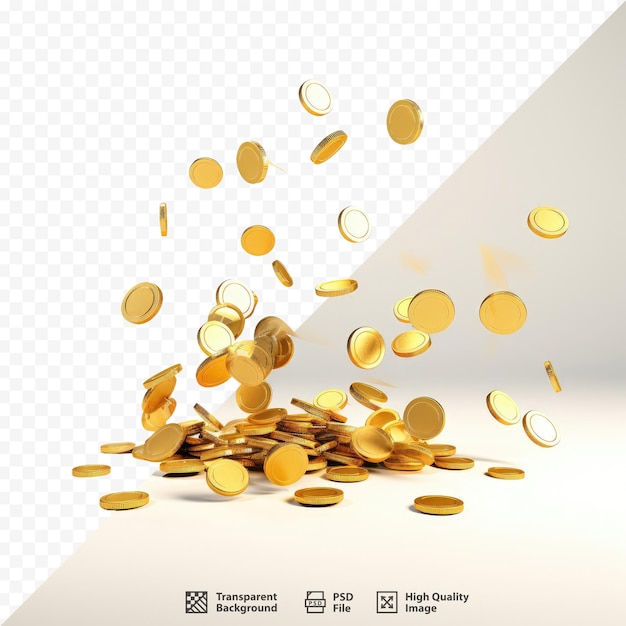 Uma imagem de moedas de ouro caindo de um fundo branco com um fundo branco.