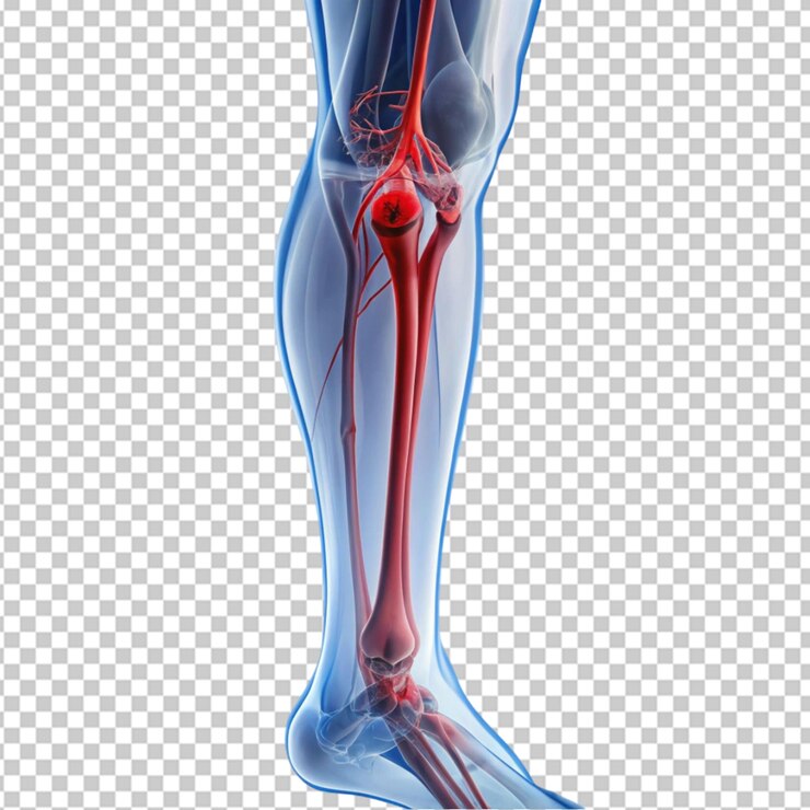 PSD uma imagem de raio-x de uma perna com um coágulo de sangue visível em uma das veias em fundo transparente