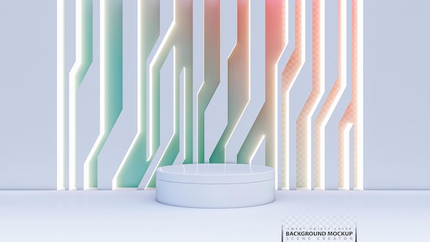 Uma imagem de renderização 3D da exibição do produto no piso branco e na parede branca