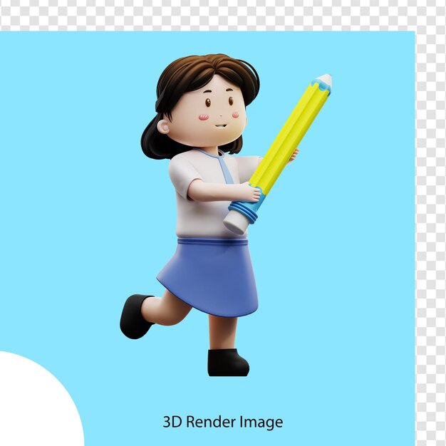 Uma imagem de renderização 3d de uma garota segurando um lápis