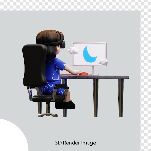 PSD uma imagem de renderização 3d de uma pessoa sentada em um computador