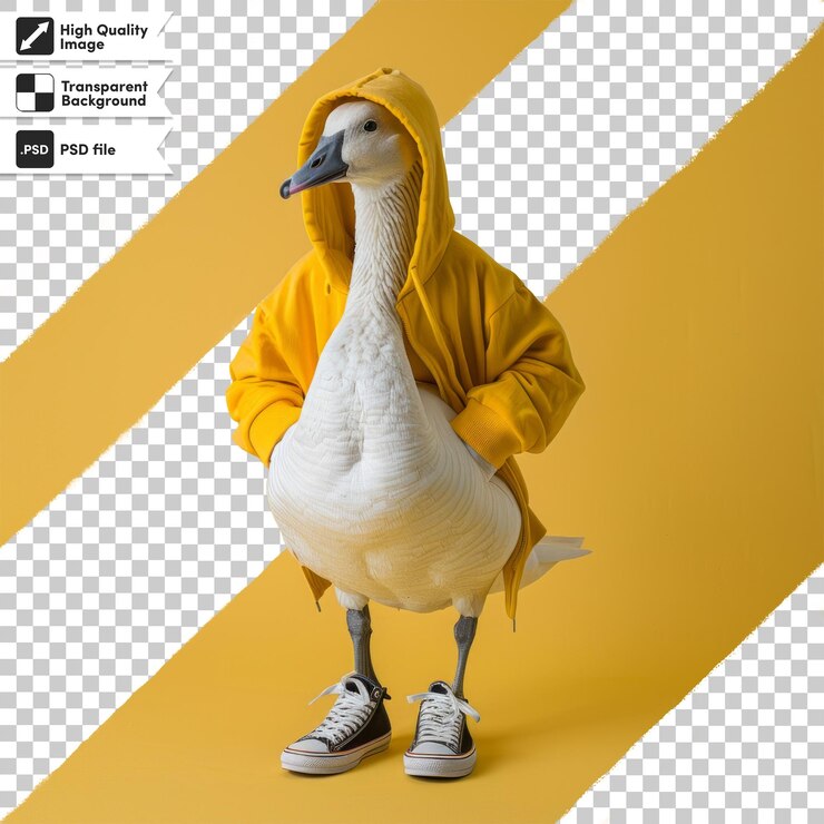 PSD uma imagem de um ganso vestindo um capuz com um fundo amarelo