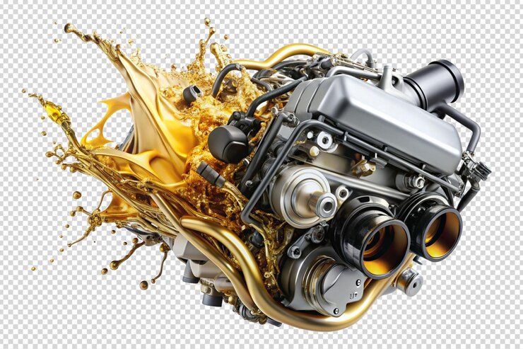 PSD uma imagem de um motor de carro com o motor sendo pulverizado com líquido laranja