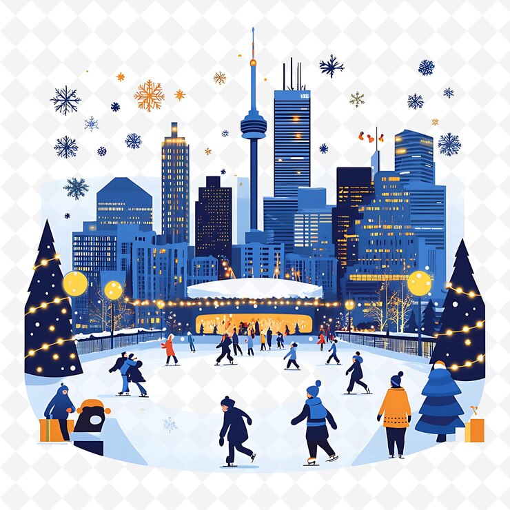 PSD uma imagem de uma cidade com flocos de neve e uma cidade no fundo
