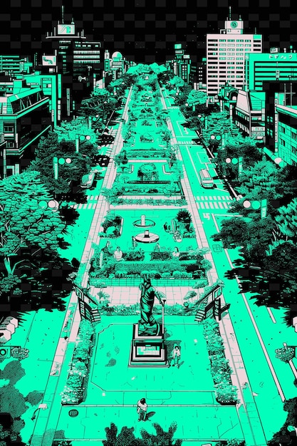 PSD uma imagem de uma rua da cidade com um fundo verde com uma fonte no meio