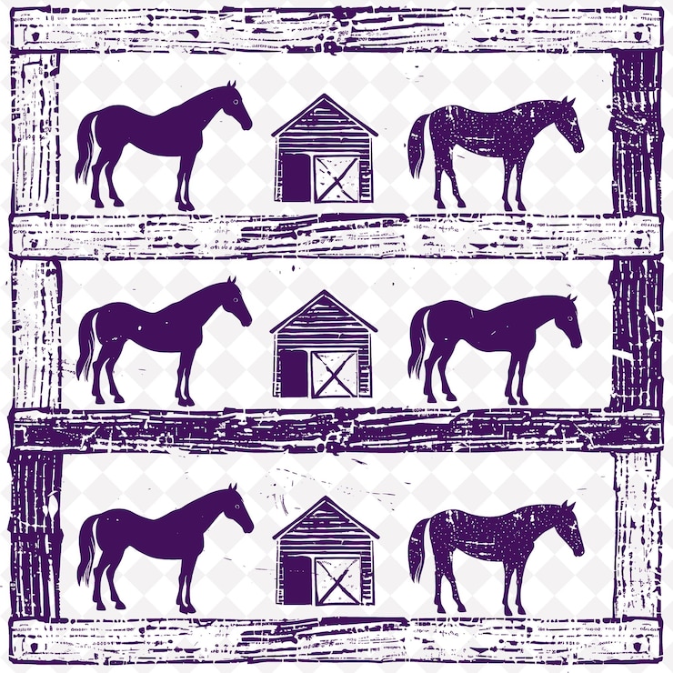 PSD uma imagem em preto e branco de dois cavalos e um celeiro com um cavalo no fundo