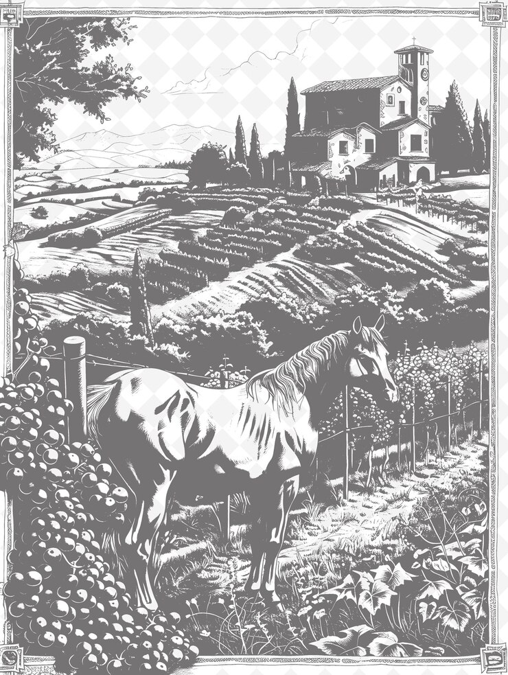 PSD uma imagem em preto e branco de um cavalo em um campo com uma casa no fundo