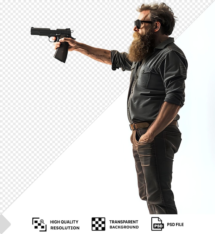 PSD uma imagem impressionante de um homem barbudo com óculos pretos posando com uma arma contra um fundo isolado