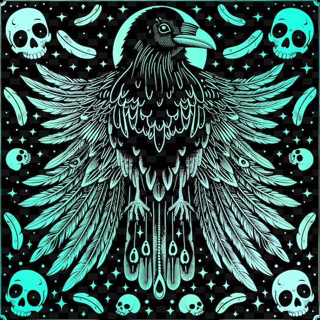 Uma imagem preta e verde de um pássaro com um fundo azul com crânios e crânios