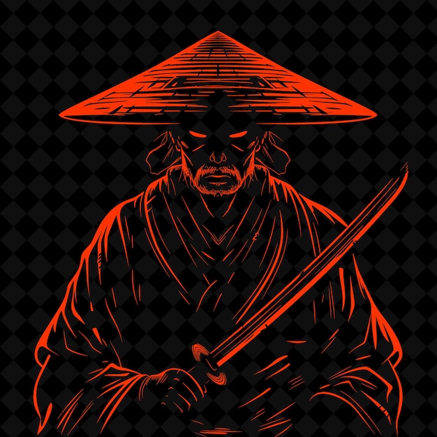 PSD uma imagem preta e vermelha de um personagem japonês com um chapéu vermelho e um fundo preto