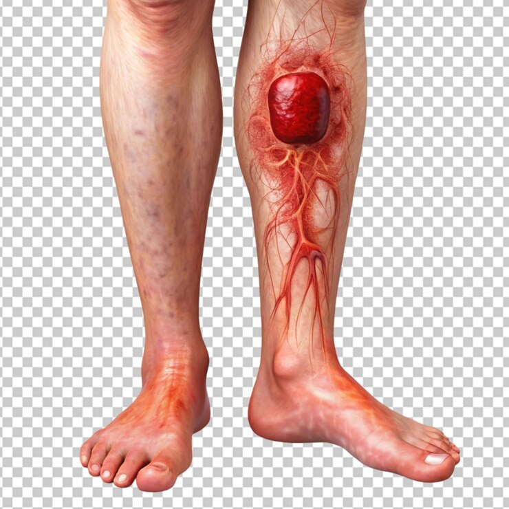PSD uma imagem retratando um coágulo de sangue na perna focando na área afetada com inchaço visível em fundo transparente