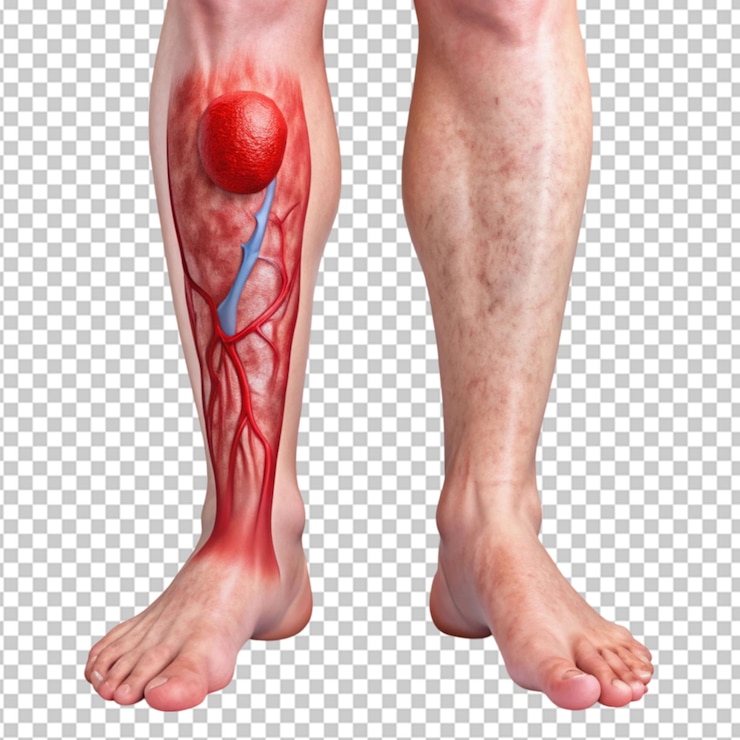 PSD uma imagem retratando um coágulo de sangue na perna focando na área afetada com inchaço visível em fundo transparente