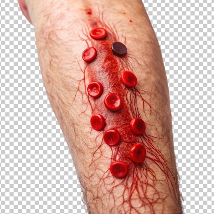 PSD uma imagem retratando um coágulo de sangue na perna focando na área afetada com inchaço visível em fundo transparente