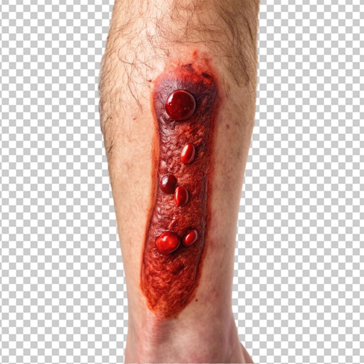PSD uma imagem retratando um coágulo de sangue na perna focando na área afetada com inchaço visível em fundo transparente