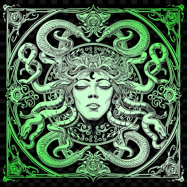 PSD uma imagem verde e preta de uma mulher com uma cobra na cabeça
