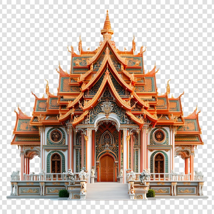 PSD uma impressionante arquitetura frontal de um templo tailandês em um fundo transparente
