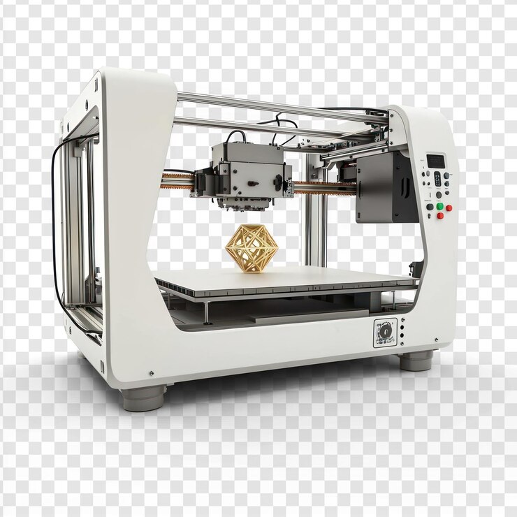 PSD uma impressora 3d em operação imprime um pequeno objeto isolado em branco isolado em fundo transparente
