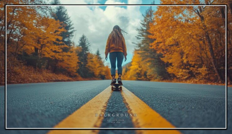 PSD uma jovem a andar de skate por uma estrada alinhada com folhagem de outono