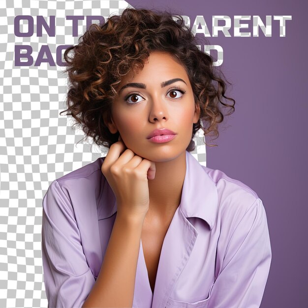 Uma jovem adulta excitada com cabelo encaracolado da etnia hispânica vestida com roupa de dentista posa em um olhar pensativo com o dedo nos lábios contra um fundo de lilás pastel