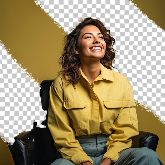 PSD uma jovem adulta excitada com cabelos encaracolados da etnia hispânica vestida com trajes de bombeiro posa em uma cadeira inclinada contra um fundo de limão pastel