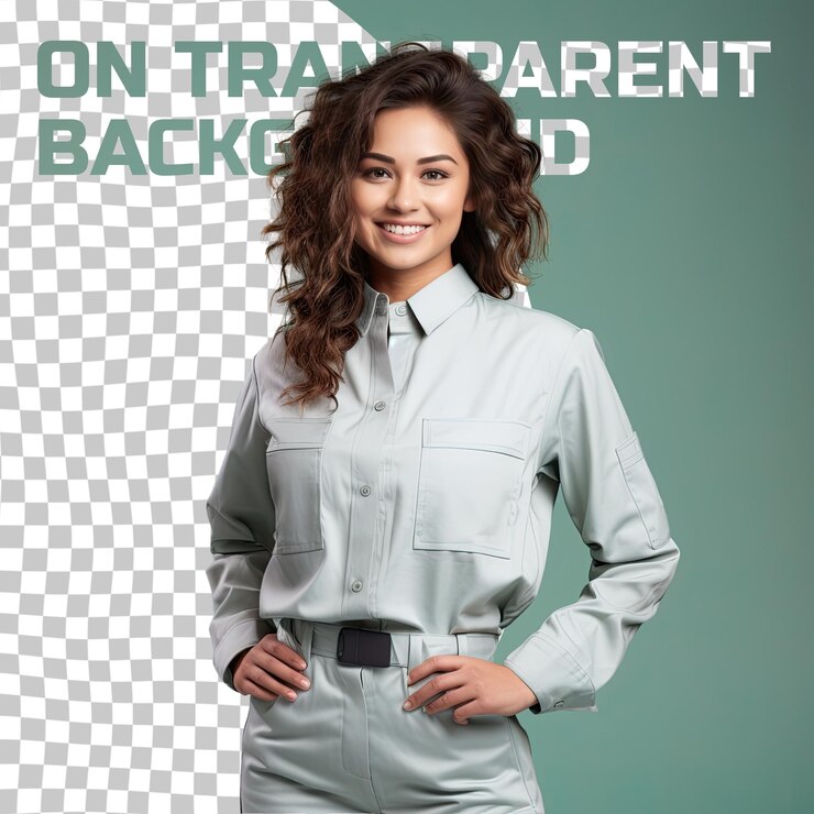 PSD uma jovem adulta honrada com cabelos ondulados da etnia mongol vestida com trajes de engenheiro químico posa no estilo one hand on waist contra um fundo de menta pastel