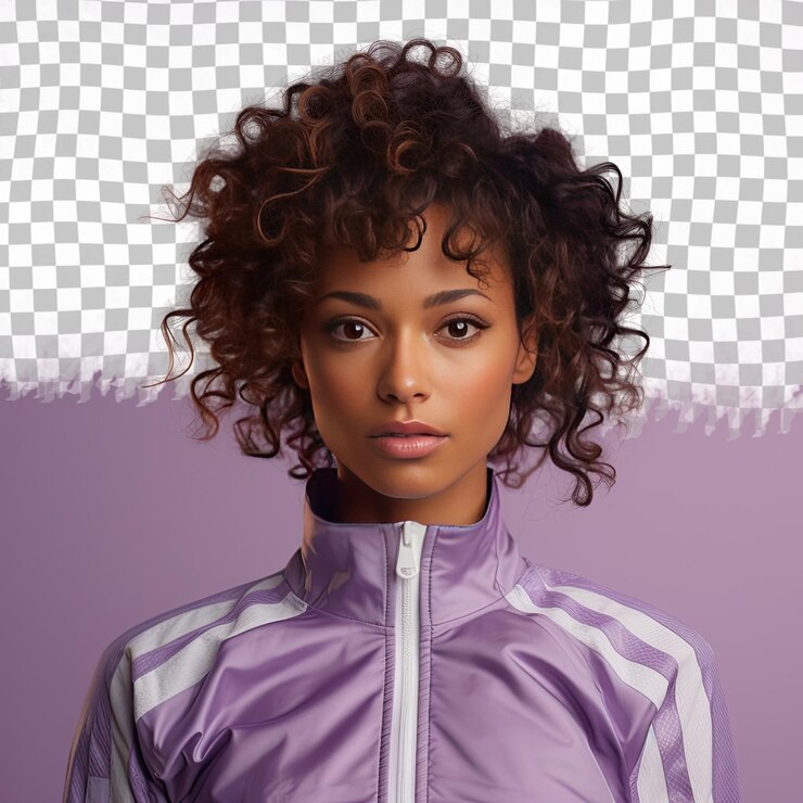 PSD uma jovem adulta ressentida com cabelos ondulados da etnia afro-americana vestida com trajes de atleta posa em um estilo close up of eyes contra um fundo pastel lavender