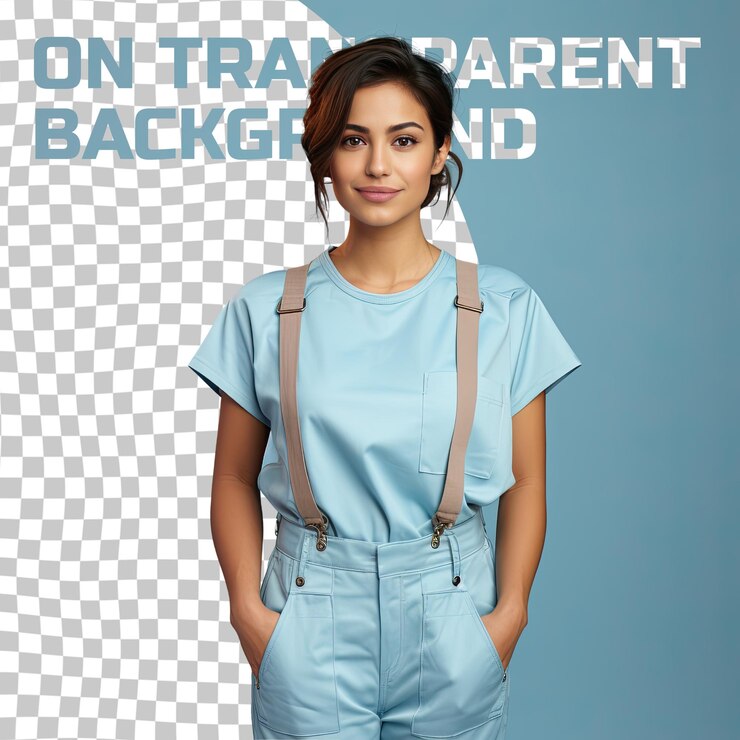 PSD uma jovem adulta triste com cabelos curtos da etnia asiática ocidental vestida com trajes de eletricista posa em um estilo de pé com quadris inclinados contra um fundo azul pastel