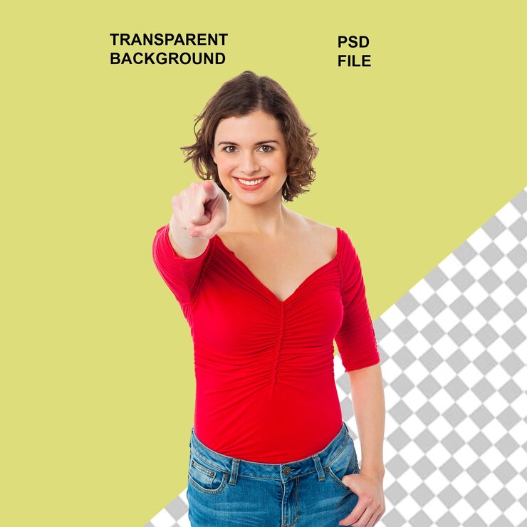 PSD uma jovem apontando com uma impressão de rosto sorridente em fundo transparente