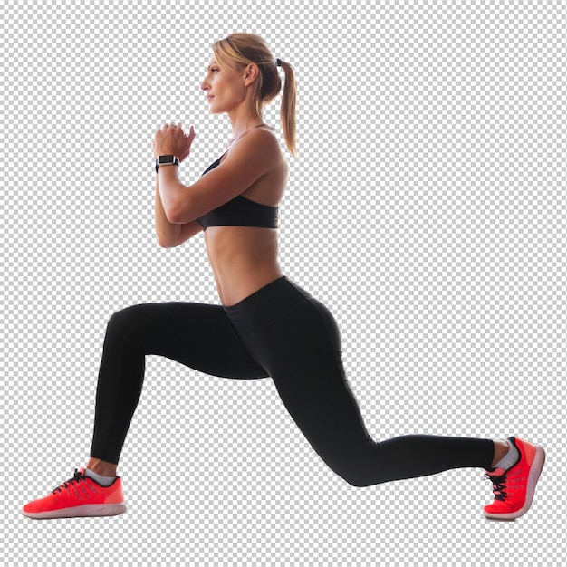 Uma jovem atleta forte faz exercícios desportivos.