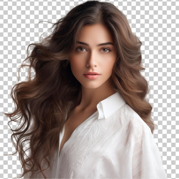 PSD uma jovem atraente com cabelo castanho modelo adorável com pele impecável ênfase na beleza bem