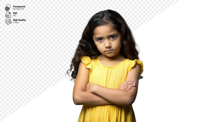 Uma jovem de vestido amarelo de pé com os braços cruzados parecendo determinada e confiante
