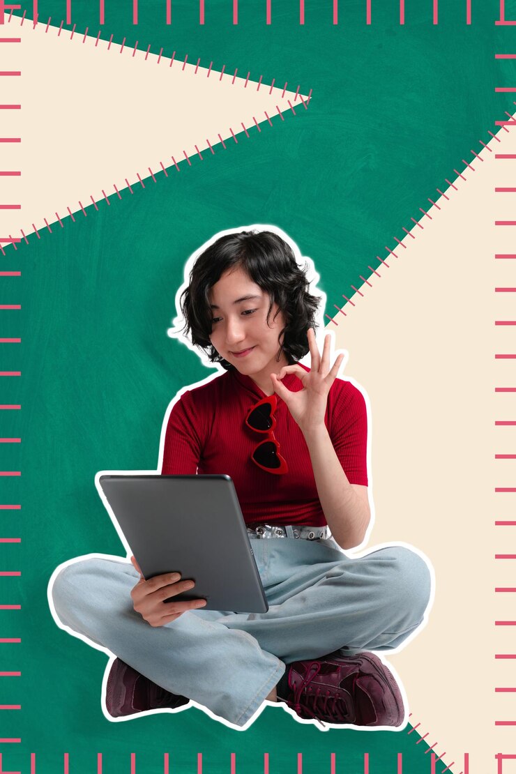 PSD uma jovem está sentada a fazer uma chamada de vídeo a partir do seu tablet. expressão ideal para as redes sociais.