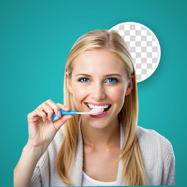 PSD uma jovem loira bonita a limpar os dentes.