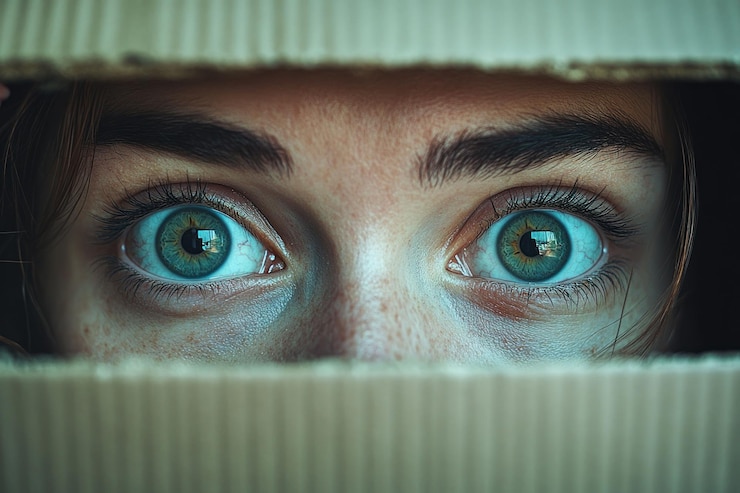 PSD uma jovem mulher com olhos verdes olha para fora por trás de uma caixa de papelão sua expressão um de medo ou surpresa