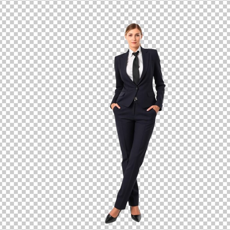 PSD uma jovem mulher de negócios vestindo um terno de calça sob medida com uma gravata elegante de pé com confiança com as mãos nos bolsos contra um fundo branco