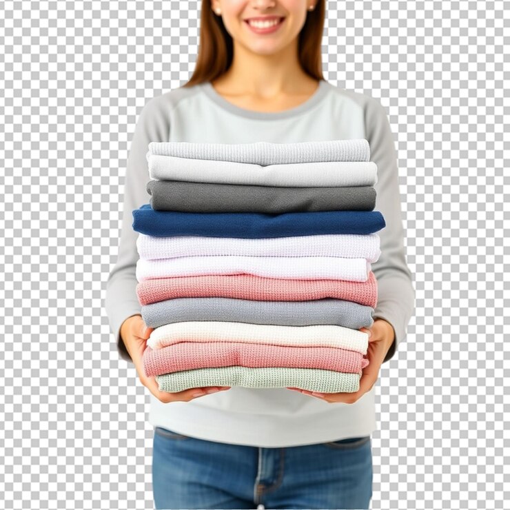 PSD uma jovem mulher de pé na vista da frente segurando uma pilha de roupas limpas recém dobradas com um sorriso em um fundo branco