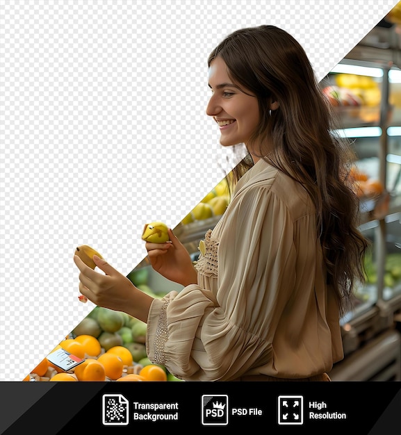 PSD uma jovem sorridente fazendo sua escolha em uma loja de frutas png psd