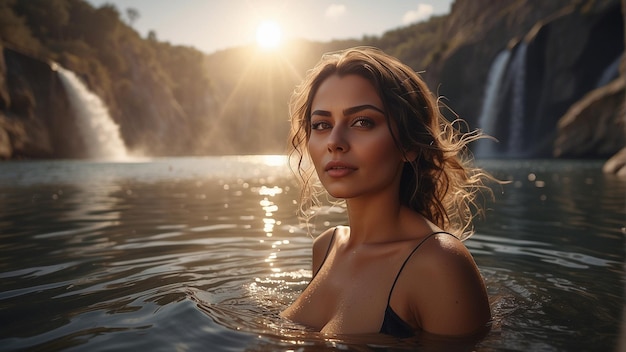 PSD uma jovem voluptuosa a nadar num lago. papel de parede de pinup.