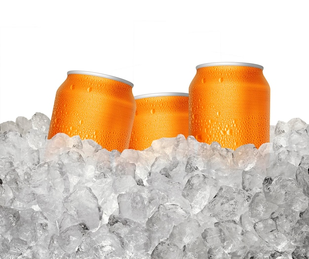 Uma lata de bebida fria, um cubo de gelo, uma bebida suculenta, uma bebida refrescante de verão, um fundo transparente.