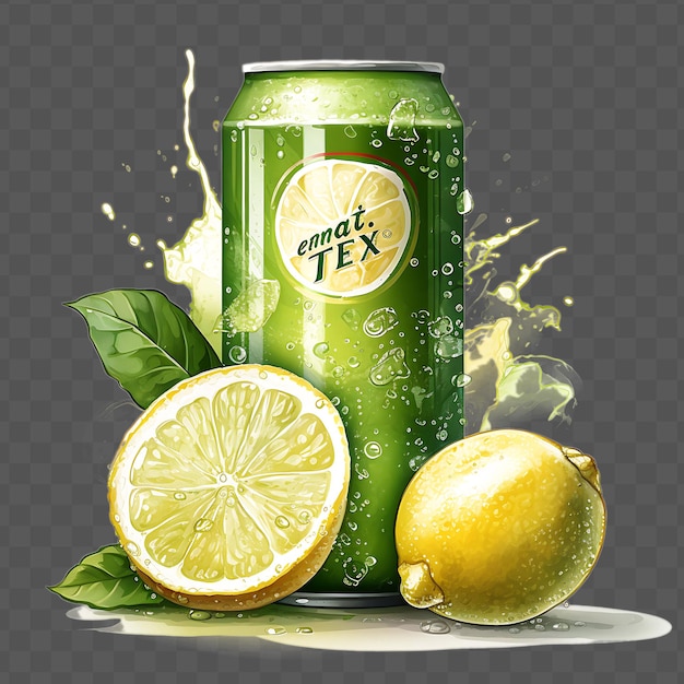 Uma lata de refrigerante verde com um limão