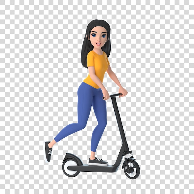 PSD uma linda garota engraçada de desenho animado em uma camiseta amarela e jeans anda de scooter elétrica em um fundo branco 3d