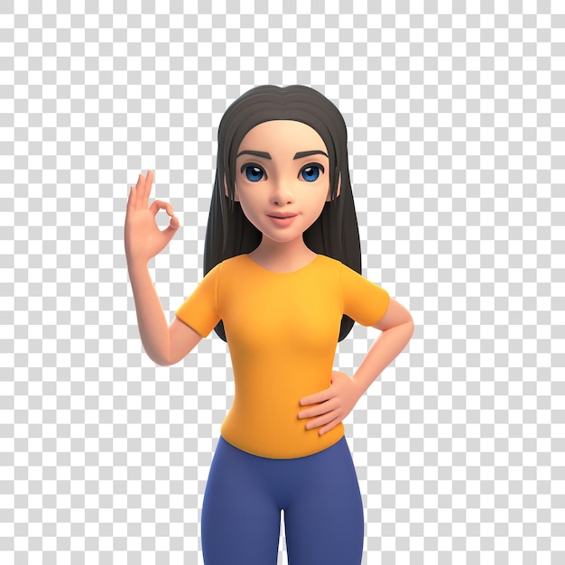 Uma linda garota engraçada de desenho animado em uma camiseta amarela e jeans mostrando sinal ok em uma renderização 3D de fundo branco