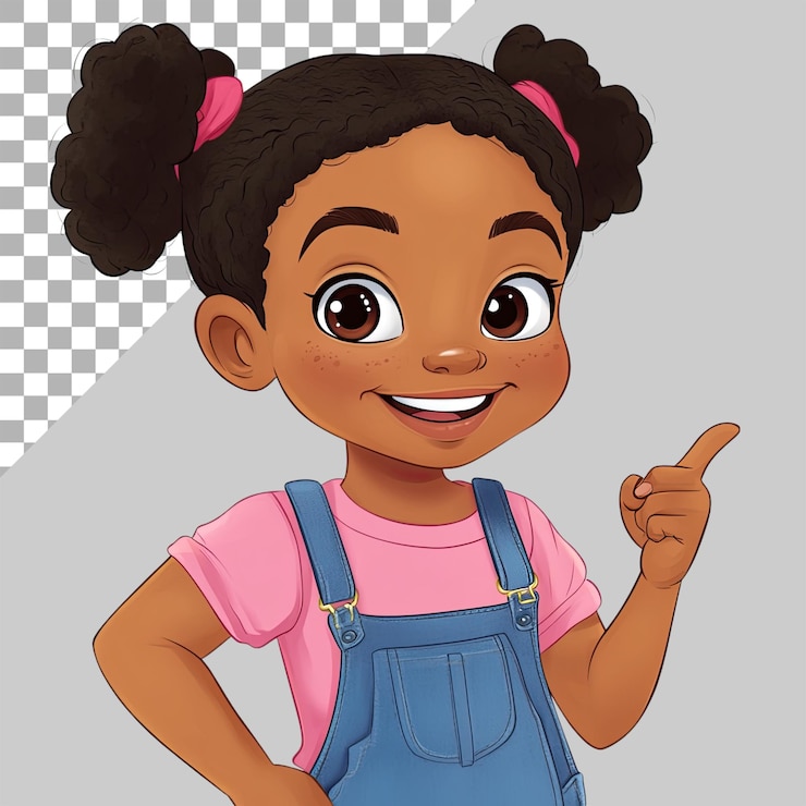 PSD uma linda menina negra sorrindo e apontando para a direita vestindo macacão com uma camisa rosa contra um fundo transparente