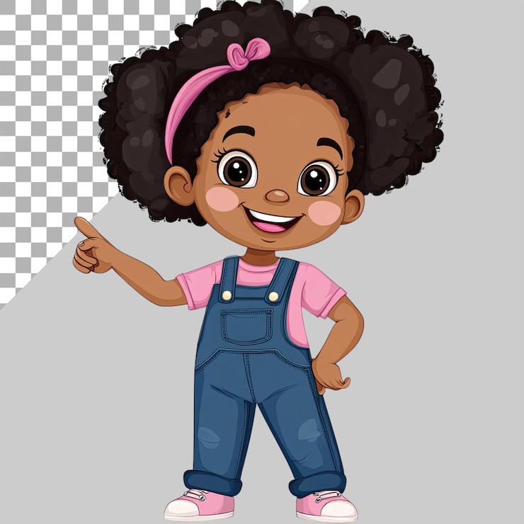 PSD uma linda menina negra sorrindo e apontando para a direita vestindo macacão com uma camisa rosa contra um fundo transparente
