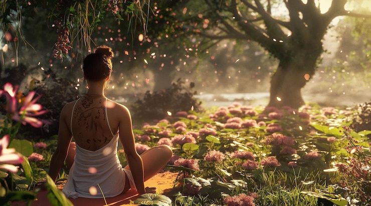 PSD uma linda mulher com tatuagem senta-se em um jardim de flores papel de parede de ioga papel de paradeiro de bem-estar