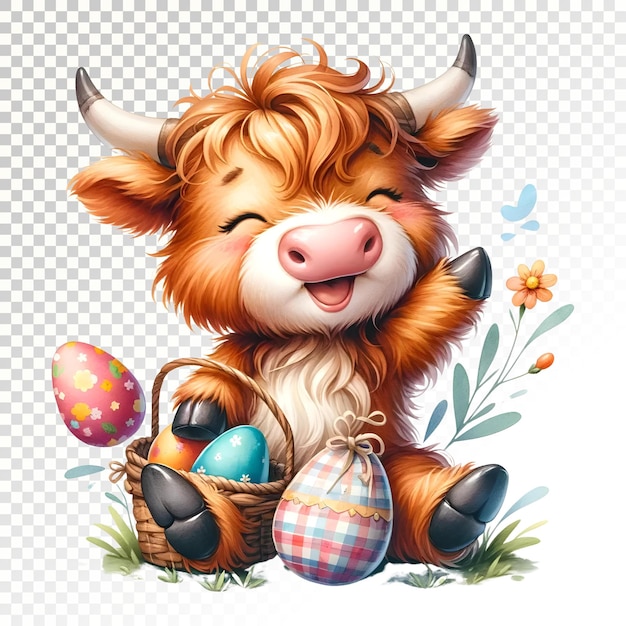 PSD uma linda vaca highland feliz fazendo um desejo com um clipart de aquarela de ovo de páscoa